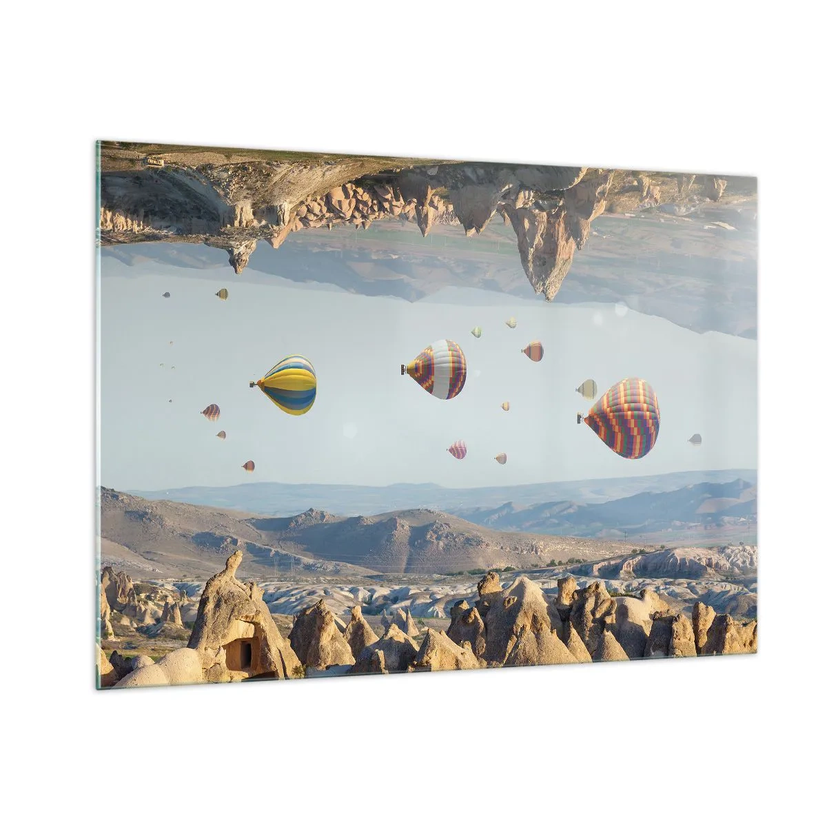 Glasbild - Bild auf glas - Bunte Ballons über der felsigen Landschaft Kappadokiens - 100x70cm - Hier ist alles möglich - Moderne Wanddekoration für Wohnzimmer und Schlafzimmer ARTTOR