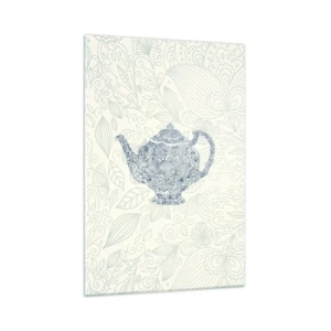Glasbild - Bild auf glas - Dekorative Zeichnung einer Teekanne mit blauen Ornamenten - 70x100cm - Tee-Charm - Moderne Wanddekoration für Wohnzimmer und Schlafzimmer ARTTOR