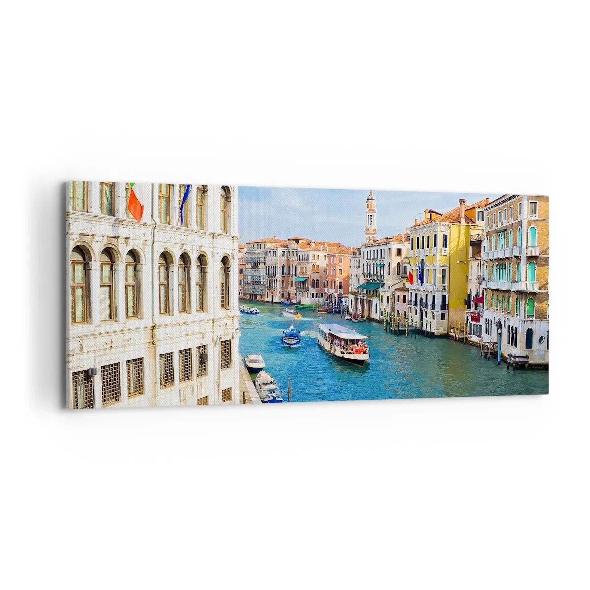 Bild auf Leinwand - Leinwandbild - Ein venezianischer Kanal mit einer Gondel und farbenfrohen Gebäuden - 120x50cm - Der einzigartige Verkehr der Welt - Moderne Wanddekoration für Wohnzimmer und Schlafzimmer ARTTOR