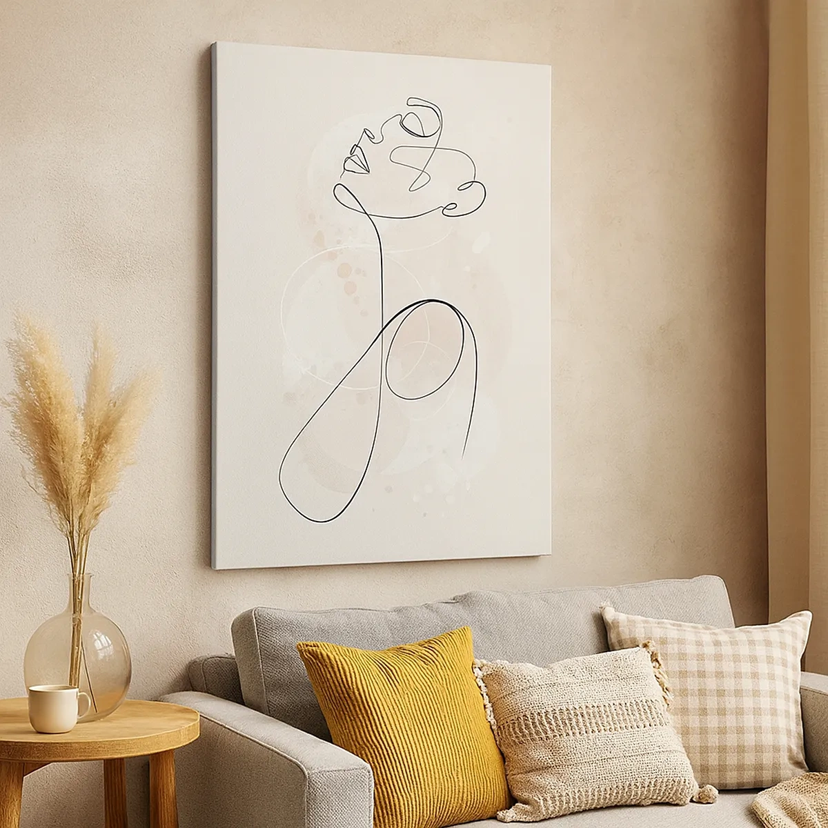 Bild auf Leinwand - Leinwandbild - Minimalistische Gesichtskontur mit einer Blume auf hellem Hintergrund - 50x70cm - Die Spirale der Schönheit - Moderne Wanddekoration für Wohnzimmer und Schlafzimmer ARTTOR