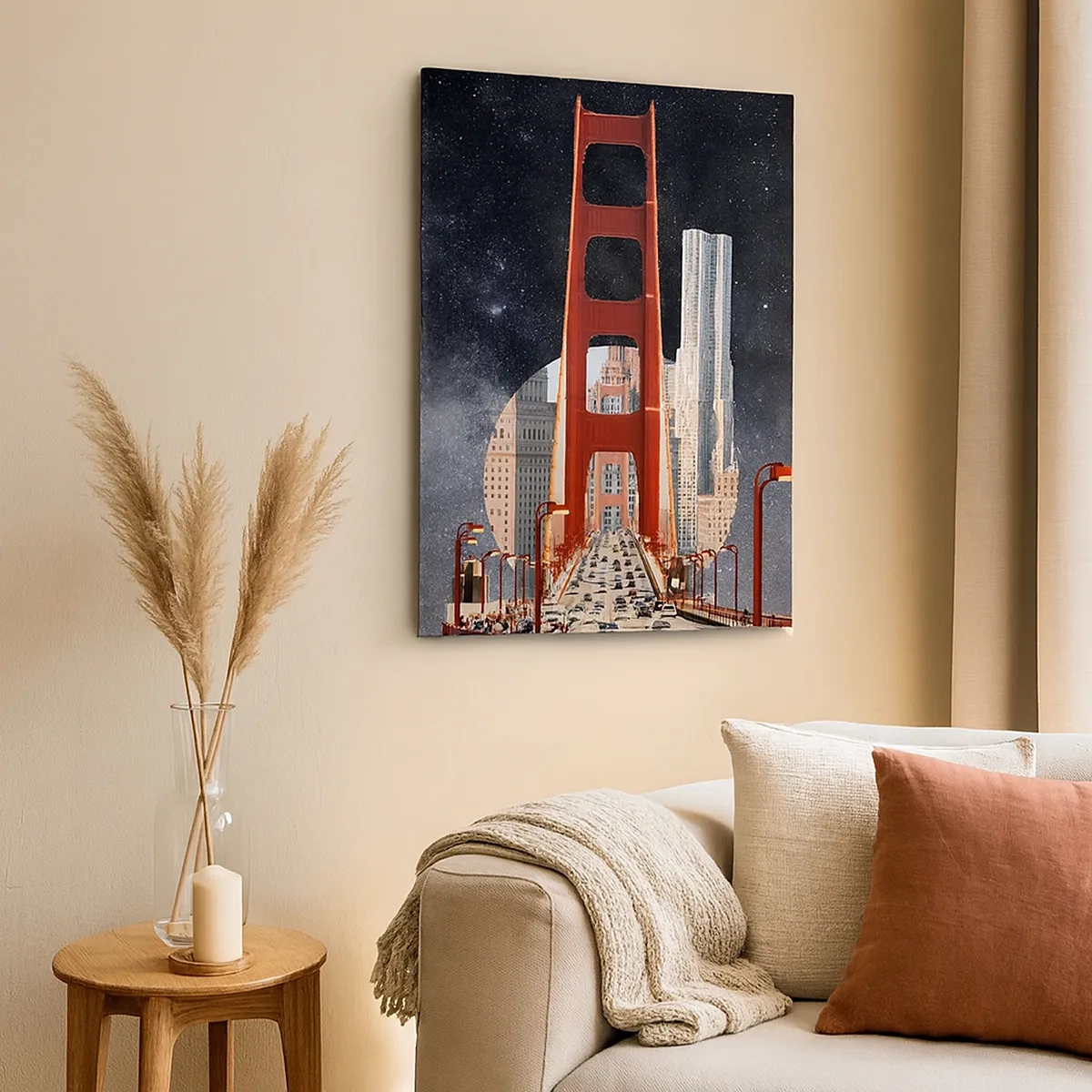 Bild auf Leinwand - Leinwandbild - Die Golden Gate Bridge mit der Stadt im Hintergrund vor einem Sternenhimmel - 50x70cm - Immer im Mittelpunkt - Moderne Wanddekoration für Wohnzimmer und Schlafzimmer ARTTOR