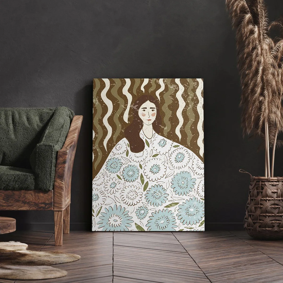 Bild auf Leinwand - Leinwandbild - Porträt im floralen Gewand - 55x100 cm