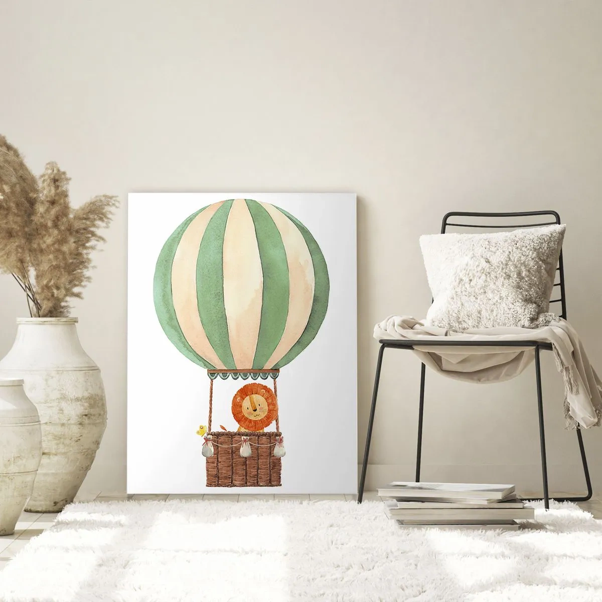 Glasbild - Bild auf glas - Ein Löwe in einem Ballonkorb schwebt auf weißem Hintergrund - 50x70cm - Leons Reisen - Moderne Wanddekoration für Wohnzimmer und Schlafzimmer ARTTOR