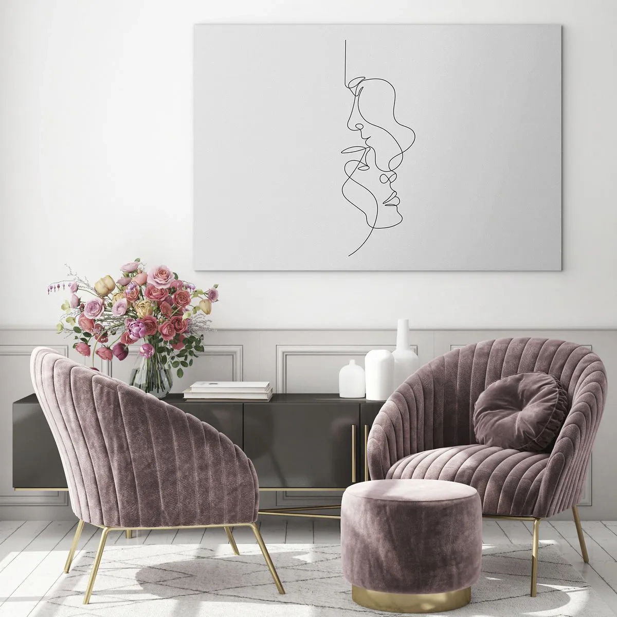 Glasbild - Bild auf glas - Eine zarte Zeichnung zweier Gesichter in einer Kontur - 70x50cm - Die Hitze bitterer Begierden - Moderne Wanddekoration für Wohnzimmer und Schlafzimmer ARTTOR