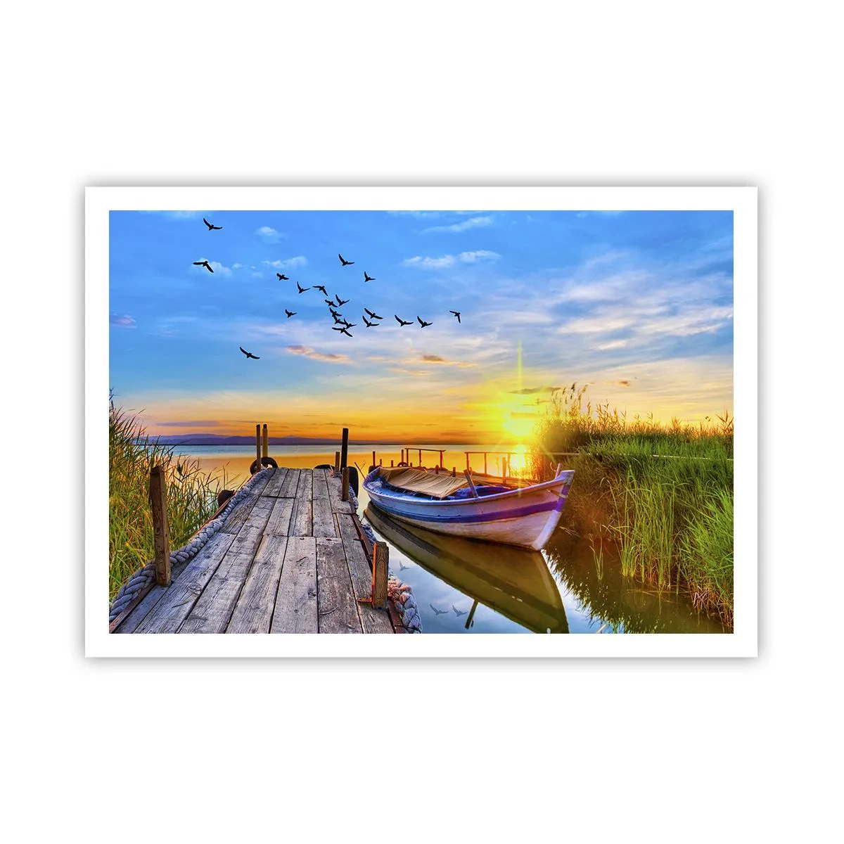 Poster - Ein Boot an einem Holzsteg bei Sonnenuntergang - 100x70cm - Bis morgen - Moderne Wanddekoration für Wohnzimmer und Schlafzimmer ARTTOR