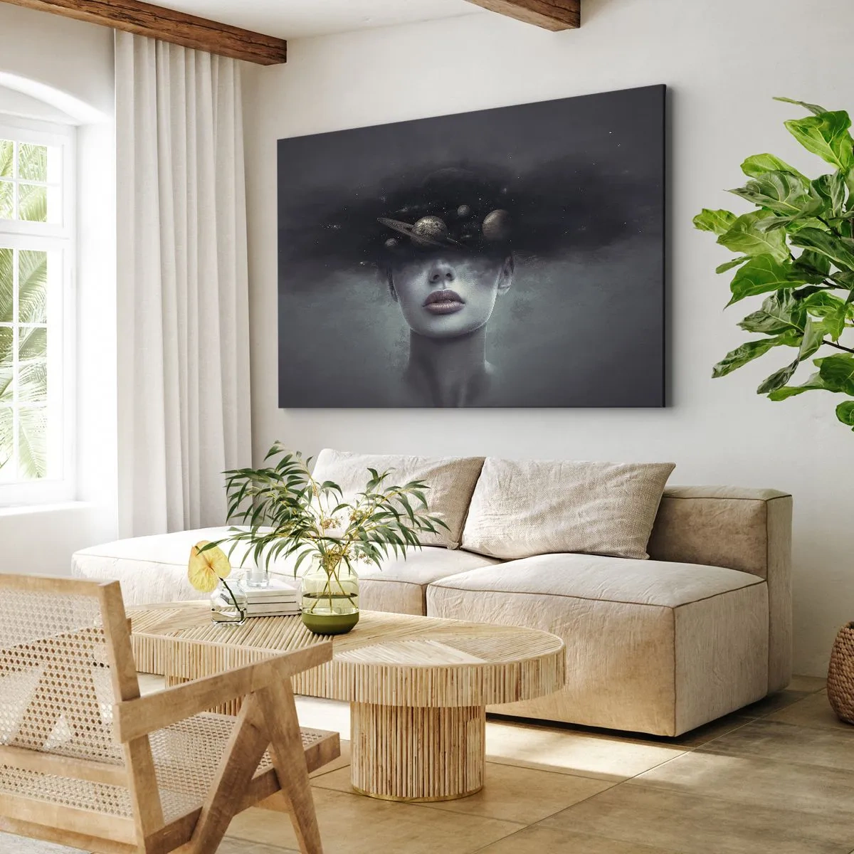 Bild auf Leinwand - Leinwandbild - Ein Frauengesicht mit einem Planeten- und Weltraummotiv im Hintergrund - 120x80cm - Und die Planeten spielen verrückt ... - Moderne Wanddekoration für Wohnzimmer und Schlafzimmer ARTTOR