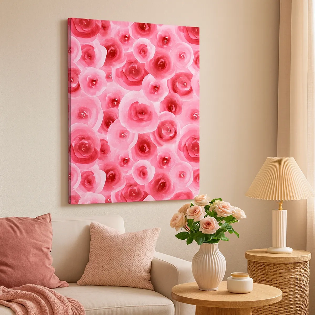 Bild auf Leinwand - Leinwandbild - Zarte Rosen in pastelligen Rosatönen - 50x70cm - Oben und unten Rosen - Moderne Wanddekoration für Wohnzimmer und Schlafzimmer ARTTOR