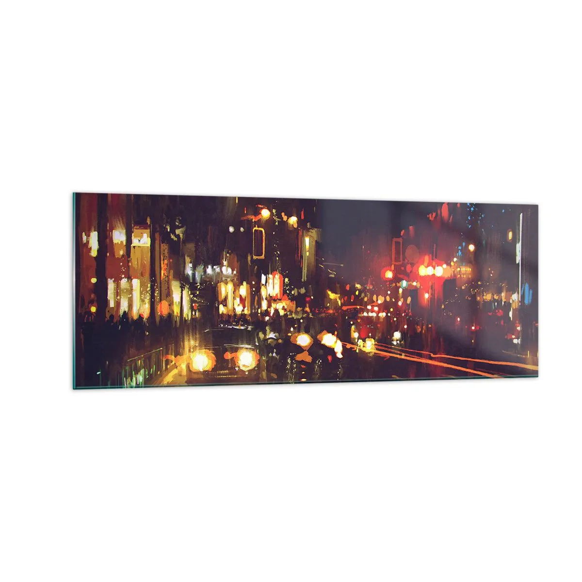Glasbild - Bild auf glas - Nachtszene in der Stadt mit bunten Lichtern und Straßenreflexionen - 140x50cm - Eingetaucht in die Lichter der Nacht - Moderne Wanddekoration für Wohnzimmer und Schlafzimmer ARTTOR