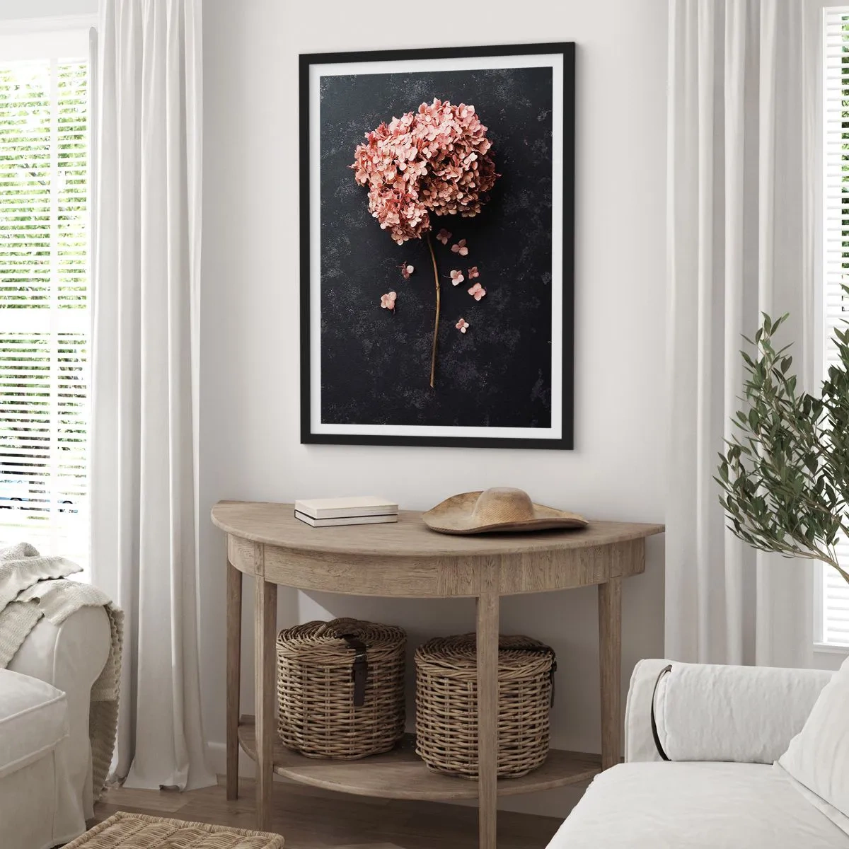 Poster in einem schwarzem Rahmen - Getrocknete Hortensien auf schwarzem Hintergrund - 50x70cm - Wirklich romantisches Zeichen - Moderne Wanddekoration für Wohnzimmer und Schlafzimmer ARTTOR