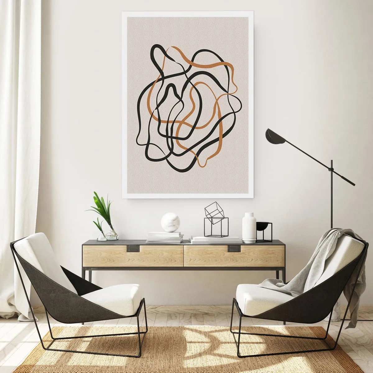 Poster - Abstrakte verschlungene Linien in Schwarz und Gold auf Beige - 50x70cm - Alles ging schief - Moderne Wanddekoration für Wohnzimmer und Schlafzimmer ARTTOR