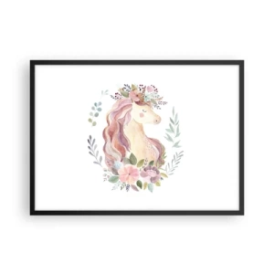 Poster in einem schwarzem Rahmen - Ein Einhorn in Pastellfarben, umgeben von Blumen - 70x50cm - Eine Einladung in die Welt der Märchen - Moderne Wanddekoration für Wohnzimmer und Schlafzimmer ARTTOR