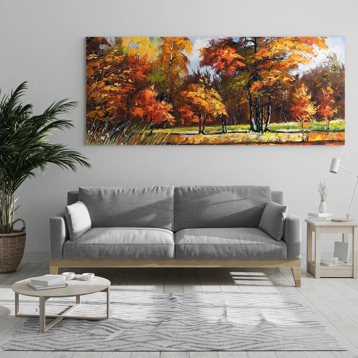 Glasbild - Bild auf glas - Herbstlandschaft mit bunten Bäumen und einem Teich - 140x50cm - Landschaft in Gold und Bronze - Moderne Wanddekoration für Wohnzimmer und Schlafzimmer ARTTOR