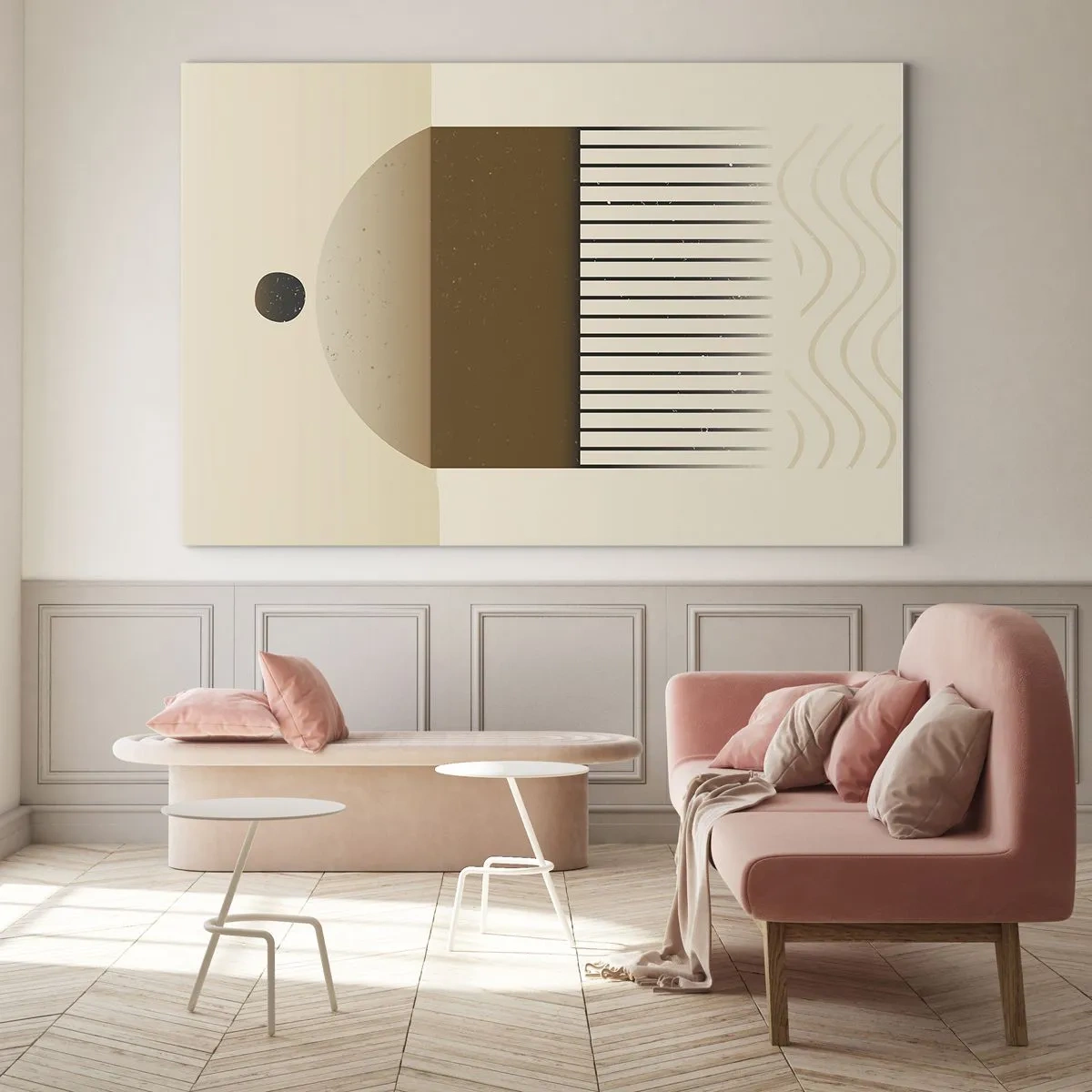 Glasbild - Bild auf glas - Beige und braune Abstraktion mit geometrischen Formen und Linien - 100x70cm - Verschiedene Staaten - Moderne Wanddekoration für Wohnzimmer und Schlafzimmer ARTTOR