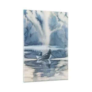 Glasbild - Bild auf glas - Aquarelllandschaft mit Booten auf einem See, umgeben von einem nebligen Wald - 80x120cm - Angler in ihrem Paradies - Moderne Wanddekoration für Wohnzimmer und Schlafzimmer ARTTOR