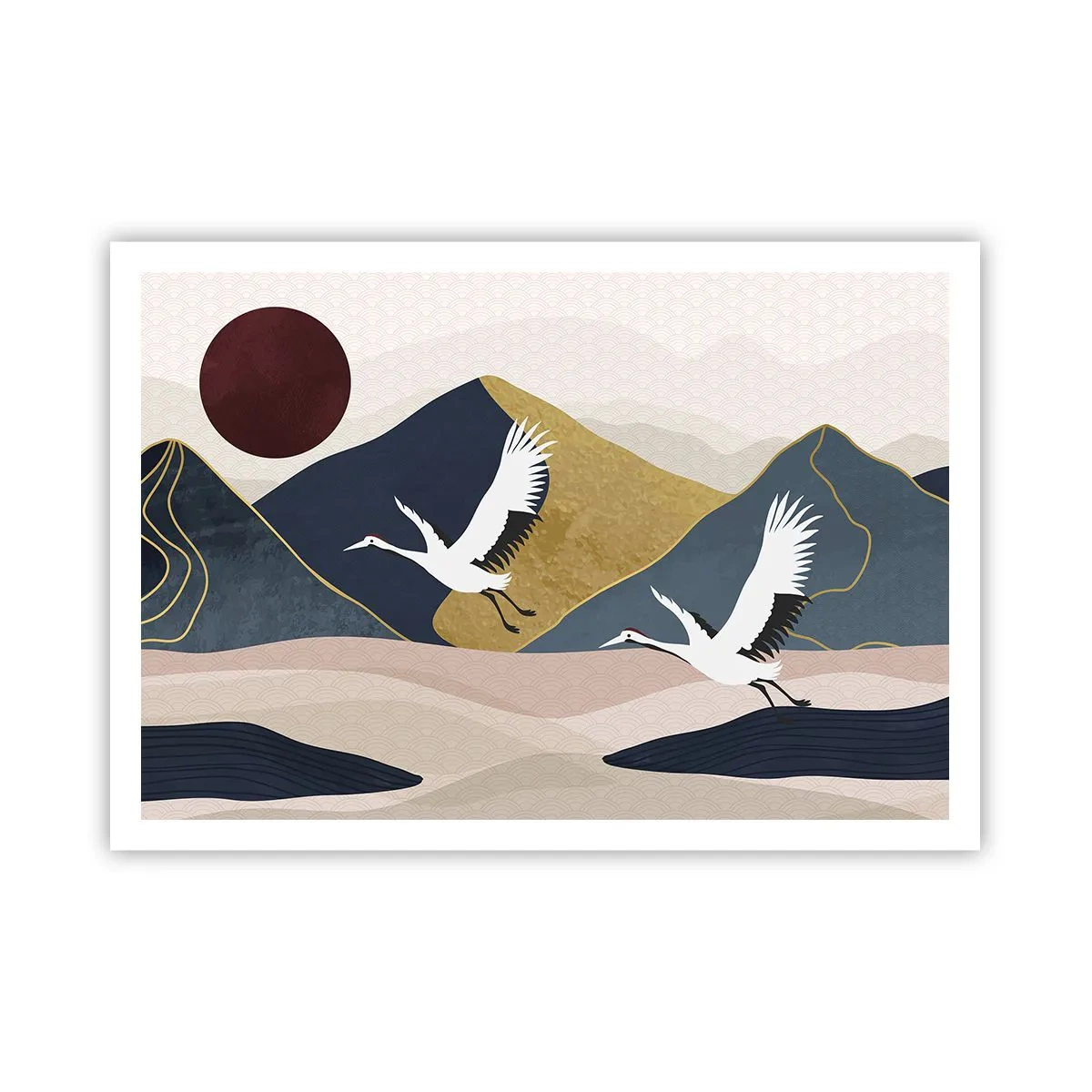 Poster - Kraniche im Flug vor der Kulisse der Berge und einer roten Sonne - 100x70cm - Es ist wieder ein Tag VERFLOGEN - Moderne Wanddekoration für Wohnzimmer und Schlafzimmer ARTTOR