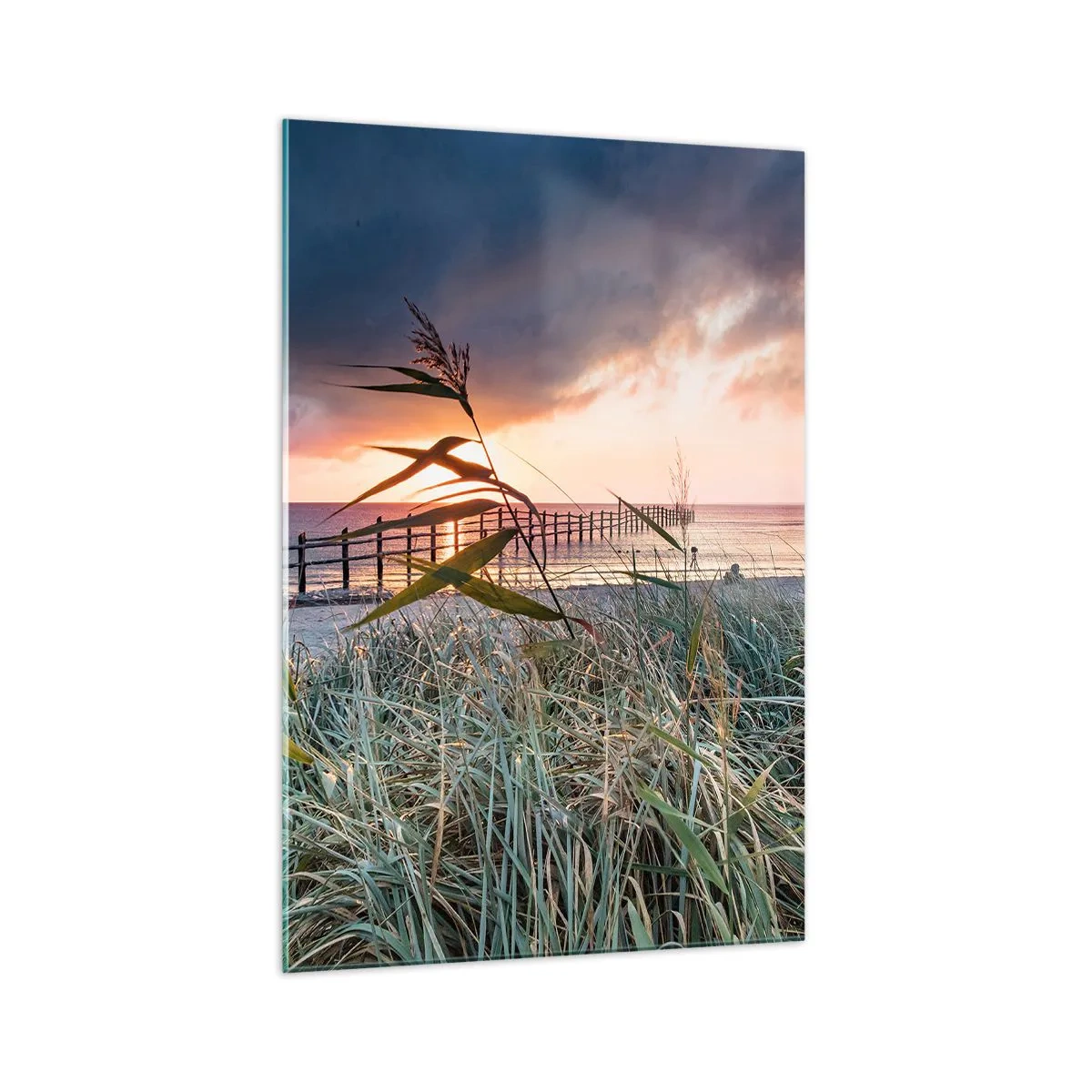 Glasbild - Bild auf glas - Strand bei Sonnenuntergang mit Gräsern im Vordergrund - 70x100cm - Es vergeht nicht mit dem Wind - Moderne Wanddekoration für Wohnzimmer und Schlafzimmer ARTTOR