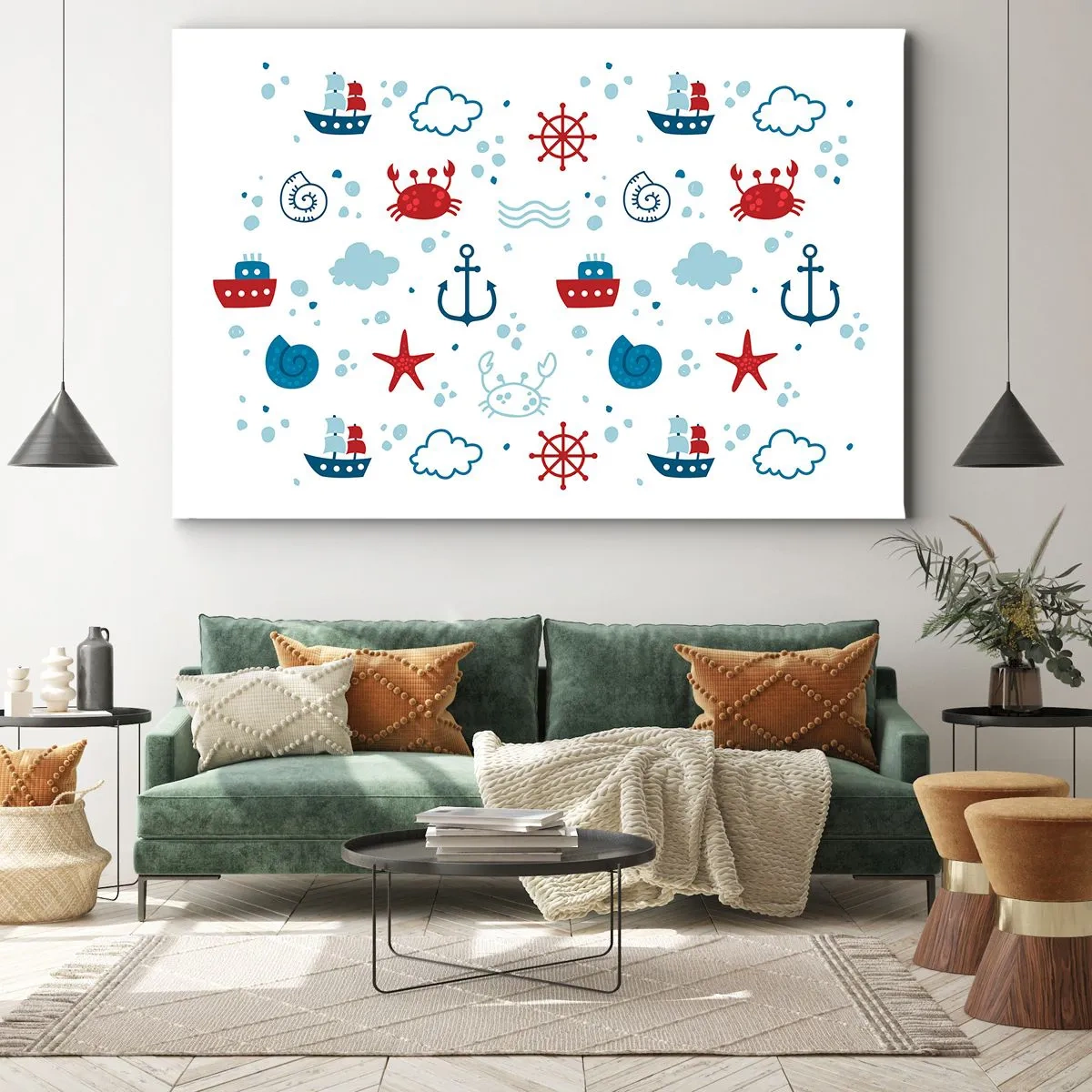 Bild auf Leinwand - Leinwandbild - Nautisches Muster mit Ankern, Schiffen und Krabben - 100x70cm - Märchen vom Meer - Moderne Wanddekoration für Wohnzimmer und Schlafzimmer ARTTOR