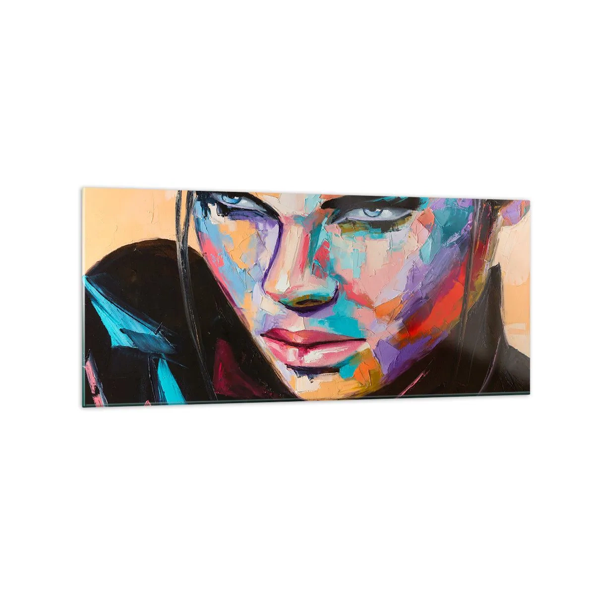 Glasbild - Bild auf glas - Porträt einer Frau in lebendigen abstrakten Farben - 120x50cm - Wild im Herzen - Moderne Wanddekoration für Wohnzimmer und Schlafzimmer ARTTOR