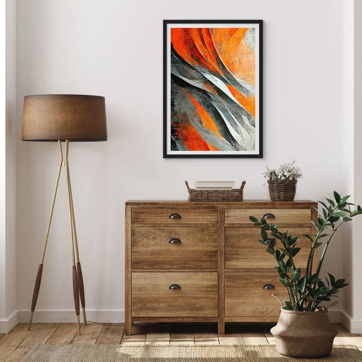 Poster in einem schwarzem Rahmen - Dynamische Abstraktion in Orange- und Grautönen - 50x70cm - Hitze und Kälte - Moderne Wanddekoration für Wohnzimmer und Schlafzimmer ARTTOR