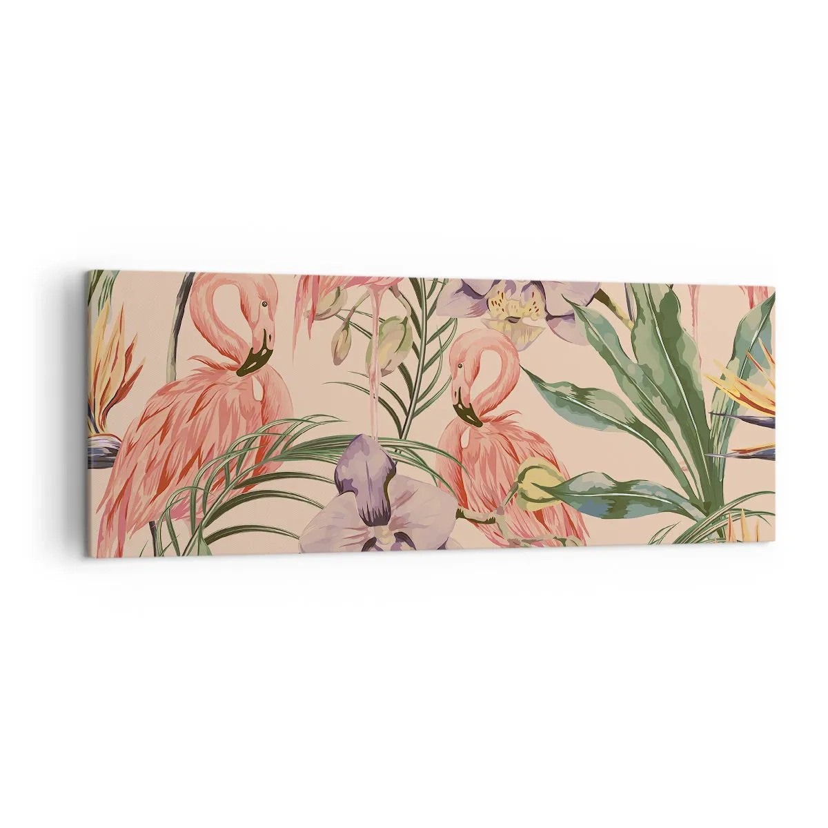 Bild auf Leinwand - Leinwandbild - Flamingos und tropische Blumen auf hellem Hintergrund - 140x50cm - Rosa Ballett in Blumen - Moderne Wanddekoration für Wohnzimmer und Schlafzimmer ARTTOR