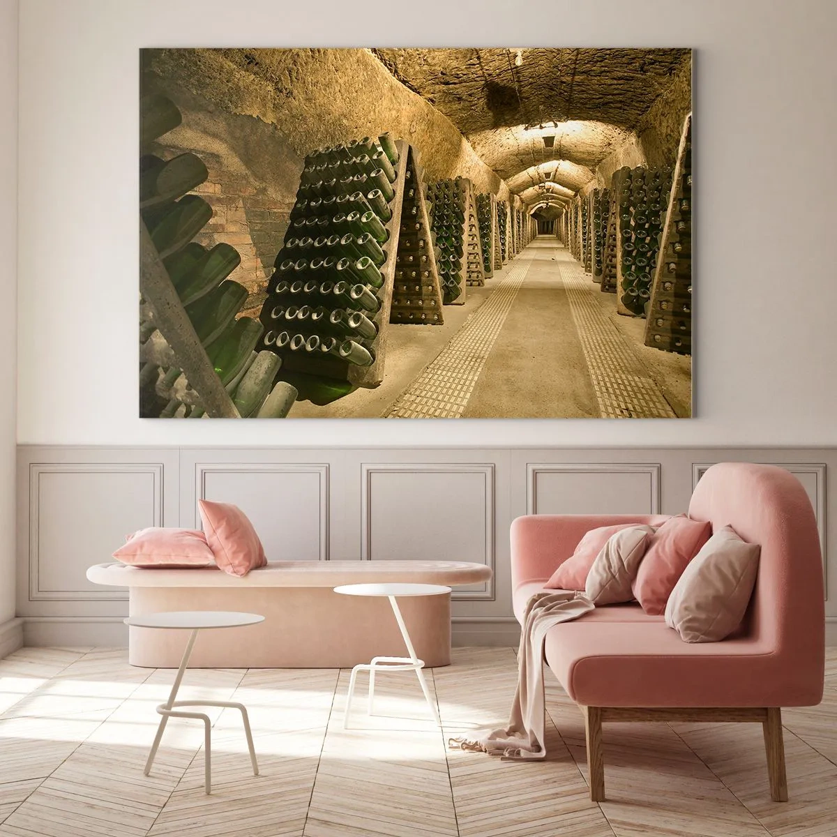Glasbild - Bild auf glas - Ein Keller mit Weinflaschen, die in Reihen reifen - 70x50cm - Die Geburt des Geschmacks - Moderne Wanddekoration für Wohnzimmer und Schlafzimmer ARTTOR