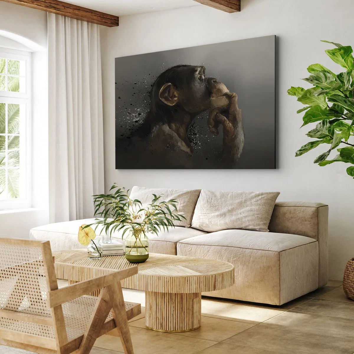 Bild auf Leinwand - Leinwandbild - Porträt eines Affen in nachdenklicher Pose vor grauem Hintergrund - 120x80cm - Sicherlich ein Denker - Moderne Wanddekoration für Wohnzimmer und Schlafzimmer ARTTOR