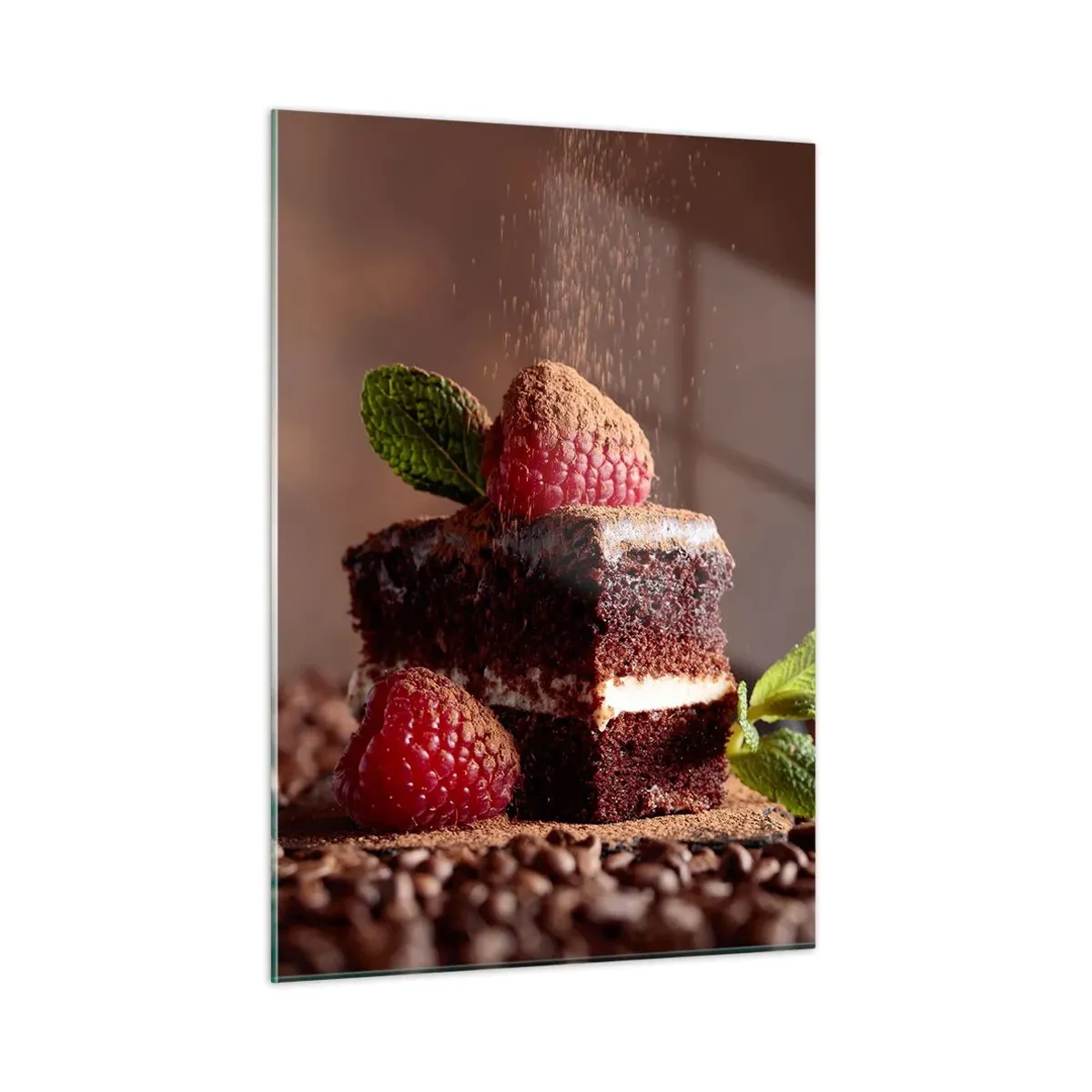 Glasbild - Bild auf glas - Schokoladendessert mit Himbeeren und Minzblättern - 50x70cm - Das Leben ist süß - Moderne Wanddekoration für Wohnzimmer und Schlafzimmer ARTTOR