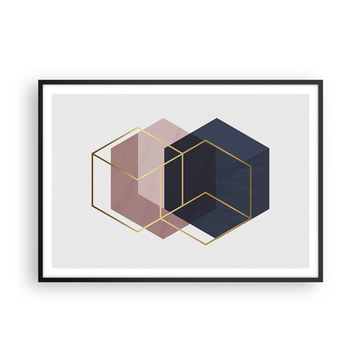 Poster in einem schwarzem Rahmen - Geometrische Formen in goldenen Linien auf pastellfarbenem Hintergrund - 100x70cm - Die Kraft der Einfachheit - Moderne Wanddekoration für Wohnzimmer und Schlafzimmer ARTTOR