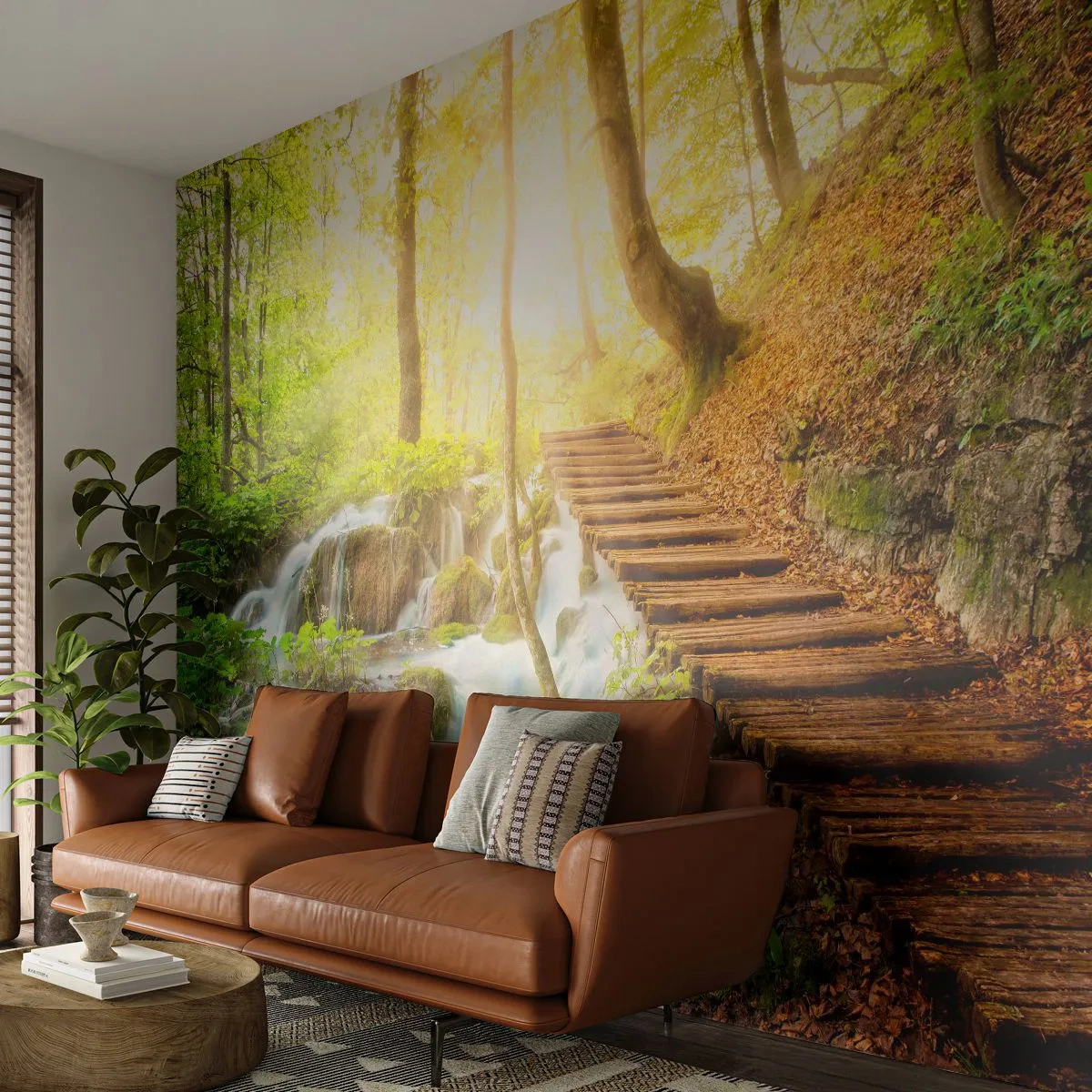 Selbstklebende Fototapete Deluxe Sticker - Eine ersehnte Kühle - Landschaft, Wasserfall, Wald - 150x105 cm
