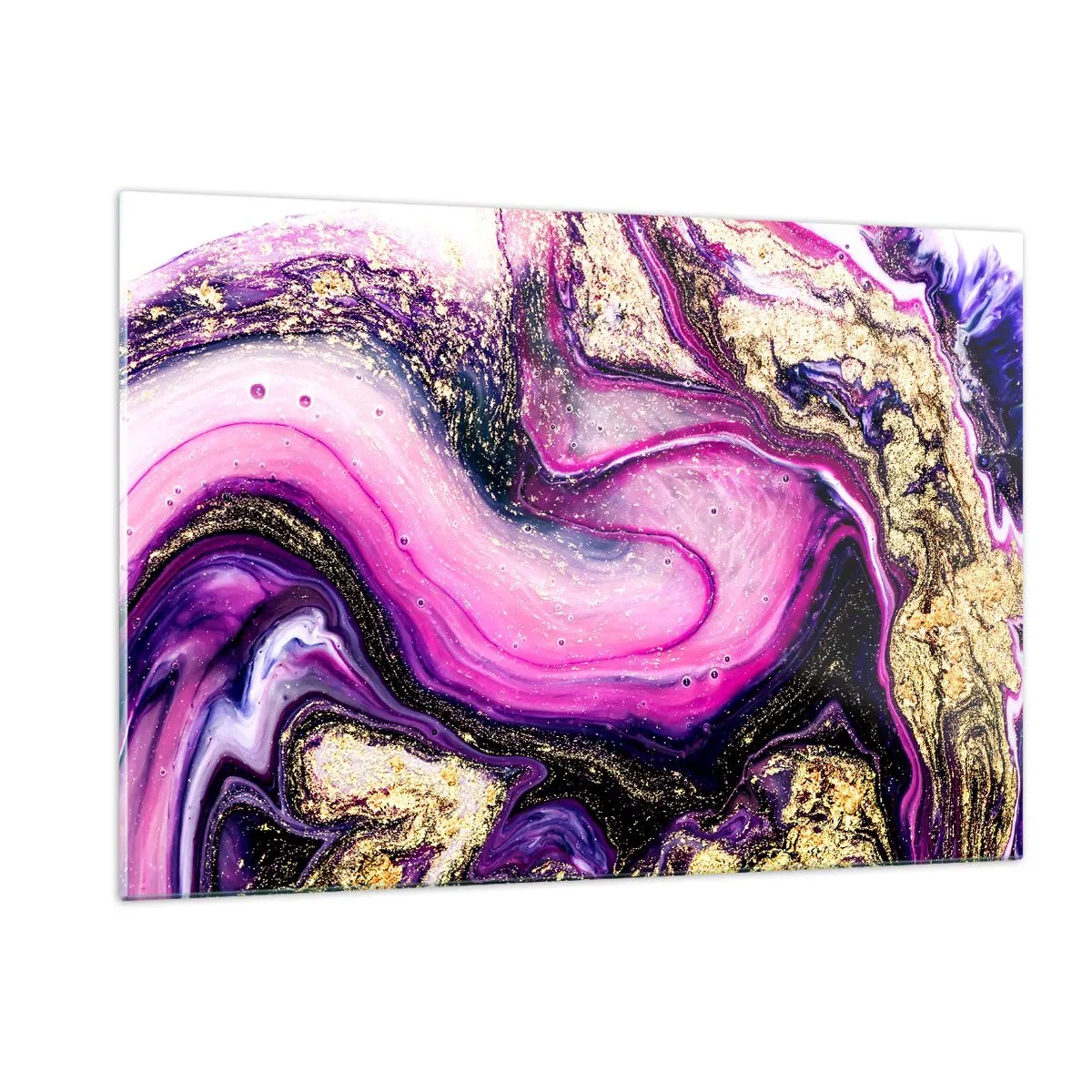 Glasbild - Bild auf glas - Eine abstrakte Komposition in Lila- und Goldtönen. - 120x80cm - Ein Moment hinter den Kulissen - Moderne Wanddekoration für Wohnzimmer und Schlafzimmer ARTTOR