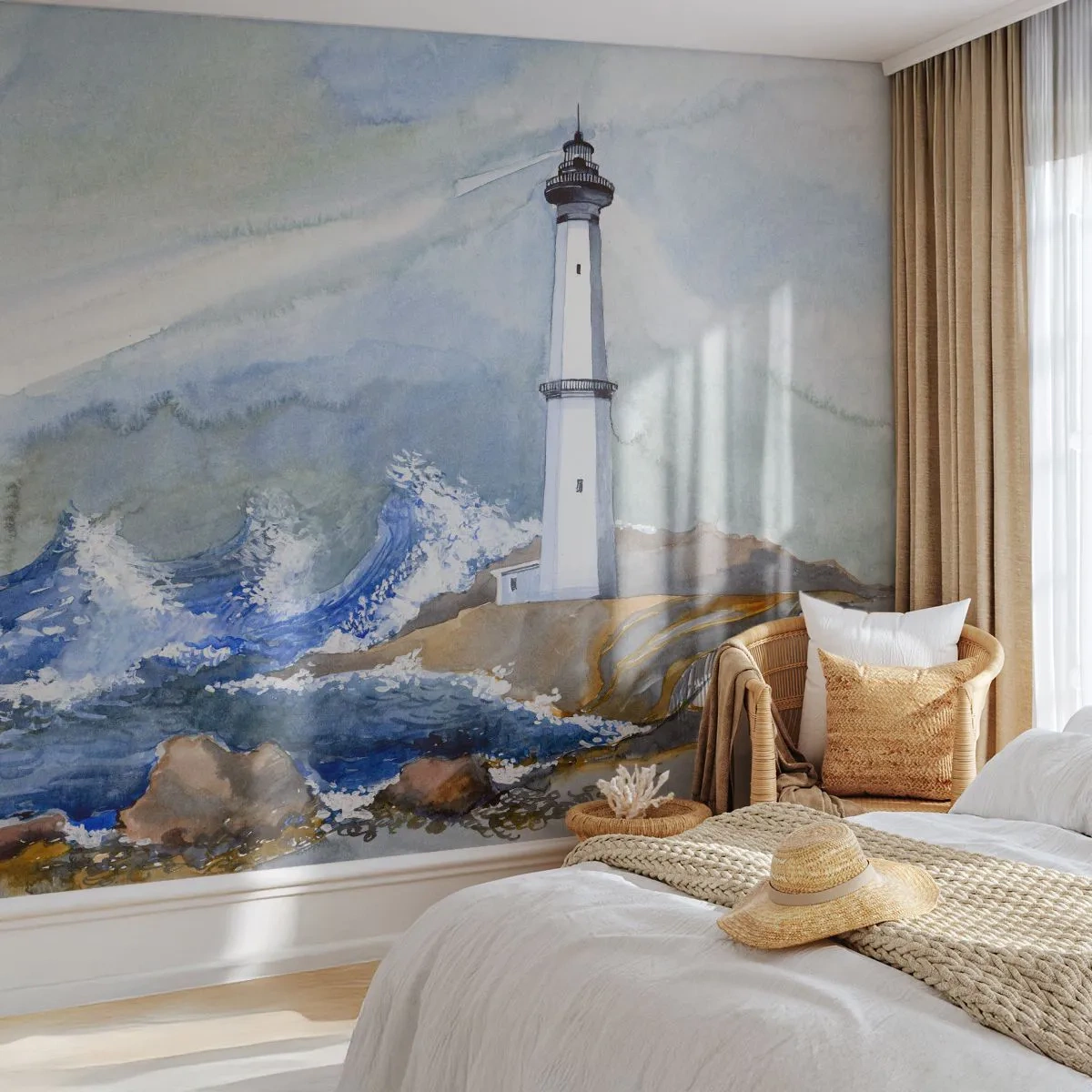 Fototapete Premium Sand - Gegen die Dunkelheit und den Sturm - Leuchtturm, Landschaft, Ozean - 350x256 cm