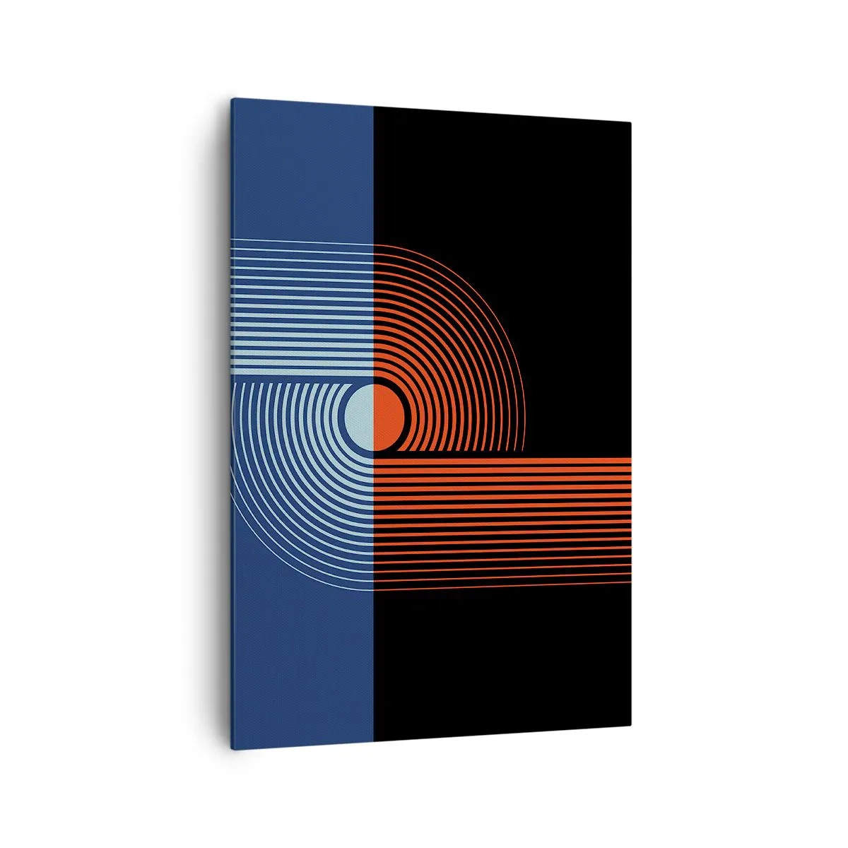 Bild auf Leinwand - Leinwandbild - Geometrische Abstraktion mit Linien in Marineblau und Orange. - 70x100cm - In einer geometrischen Umarmung - Moderne Wanddekoration für Wohnzimmer und Schlafzimmer ARTTOR