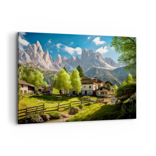 Bild auf Leinwand - Leinwandbild - Ein Bergdorf mit Häusern und Blick auf die Alpen - 120x80cm - Alpenidylle - Moderne Wanddekoration für Wohnzimmer und Schlafzimmer ARTTOR