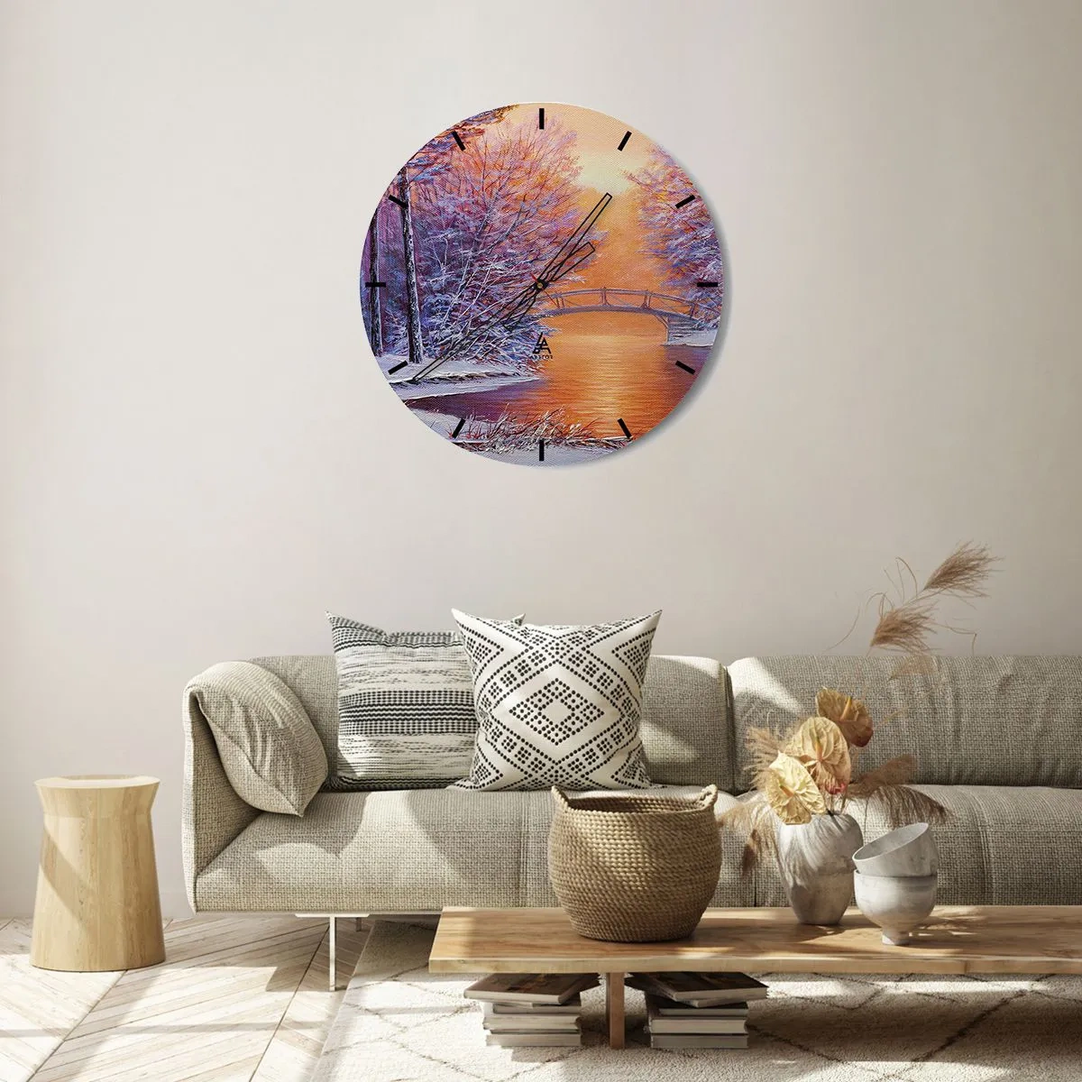 Wanduhr - Glasuhr - Winterlandschaft mit einer Brücke über einen Fluss, Bäumen und Schnee - 30x30cm - Treffen wir uns hier - Moderne Wanddekoration für Wohnzimmer, Küche und Schlafzimmer ARTTOR
