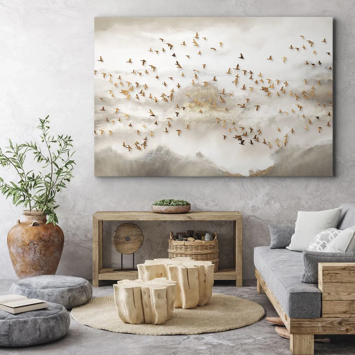 Bild auf Leinwand - Leinwandbild - Goldene Vögel vor den nebligen Bergen - 100x70cm - Es ist schon die Zeit… - Moderne Wanddekoration für Wohnzimmer und Schlafzimmer ARTTOR