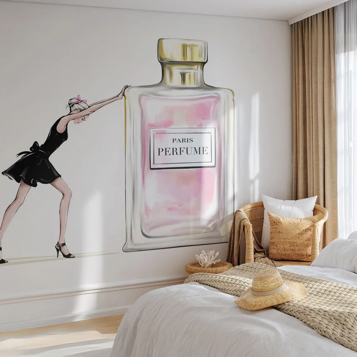 Fototapete Premium Sand - Illustration einer Frau in einem schwarzen Kleid und einer Parfümflasche - 100x70cm - Essenz der Weiblichkeit - Moderne Wanddekoration für Wohnzimmer und Schlafzimmer ARTTOR