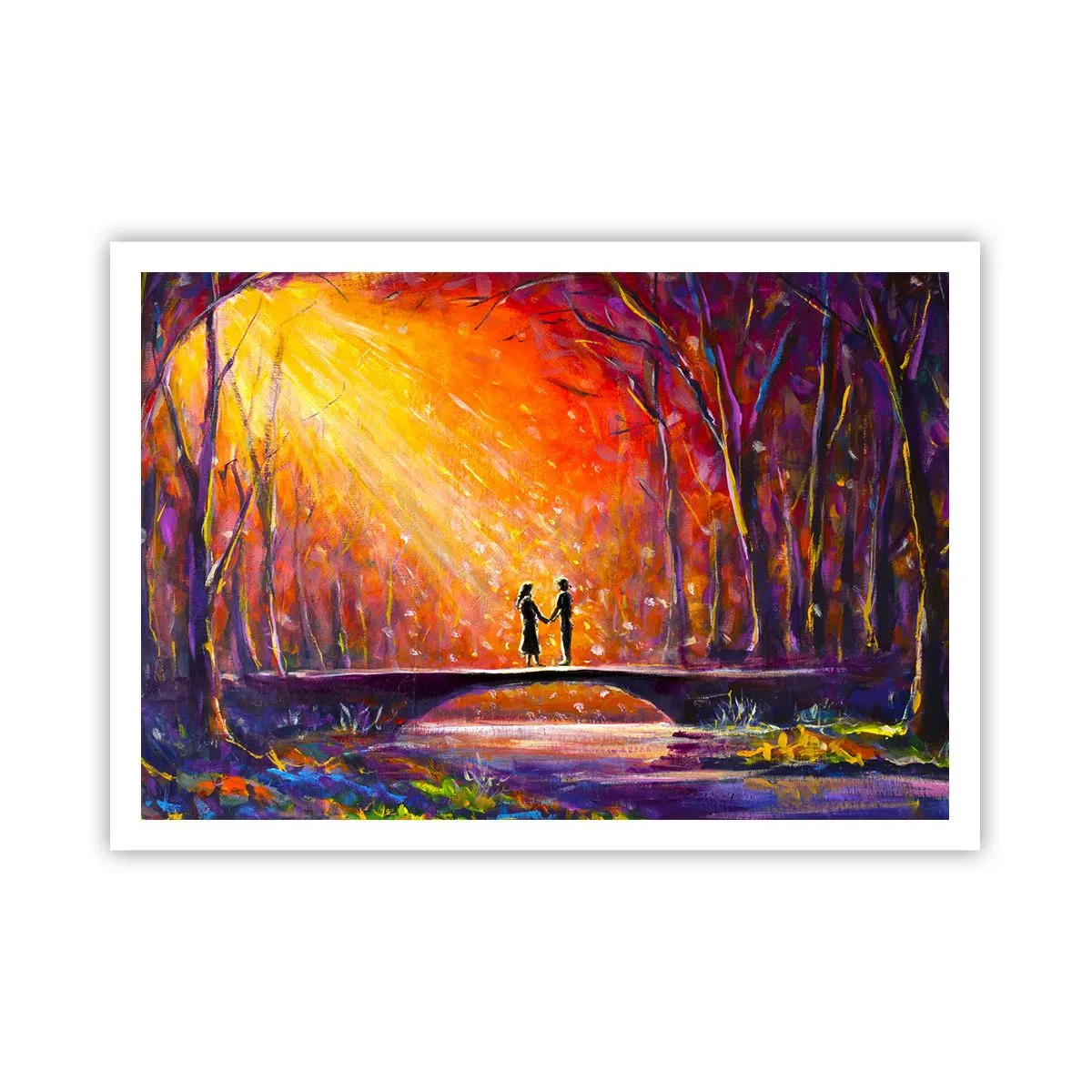 Poster - Romantisches Paar auf einer Brücke im herbstlichen Wald - 100x70cm - Der Himmel liebt sie auch - Moderne Wanddekoration für Wohnzimmer und Schlafzimmer ARTTOR