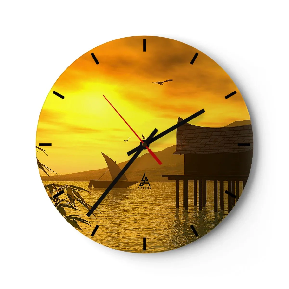 Wanduhr - Glasuhr - Sonnenuntergang über dem See mit einem Haus auf Stelzen - 30x30cm - Der ersehnte Frieden - Moderne Wanddekoration für Wohnzimmer, Küche und Schlafzimmer ARTTOR