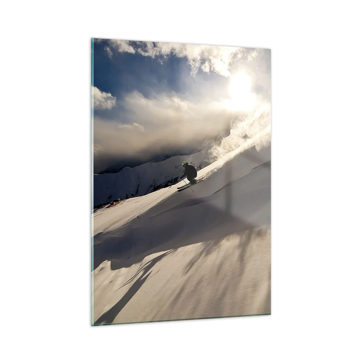 Glasbild - Bild auf glas - Ein Skifahrer gleitet im Licht der Wintersonne einen Hang hinunter - 50x70cm - Bergherausforderung angenommen - Moderne Wanddekoration für Wohnzimmer und Schlafzimmer ARTTOR