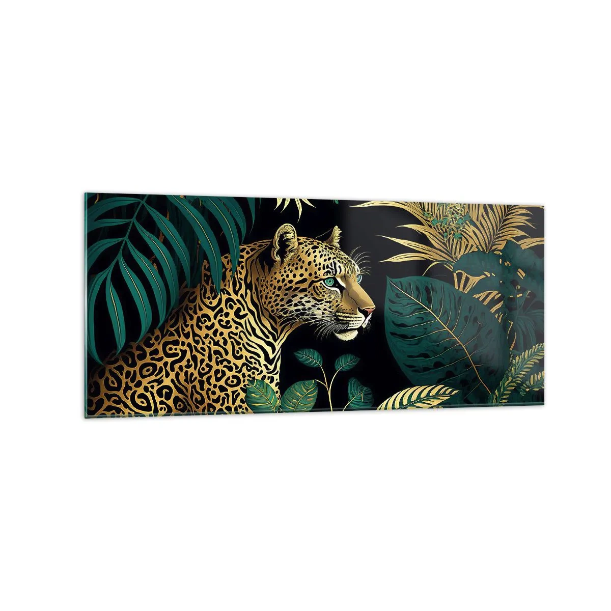 Glasbild - Bild auf glas - Leopard in tropischen Blättern auf schwarzem Hintergrund - 120x50cm - Gastgeber im Dschungel - Moderne Wanddekoration für Wohnzimmer und Schlafzimmer ARTTOR