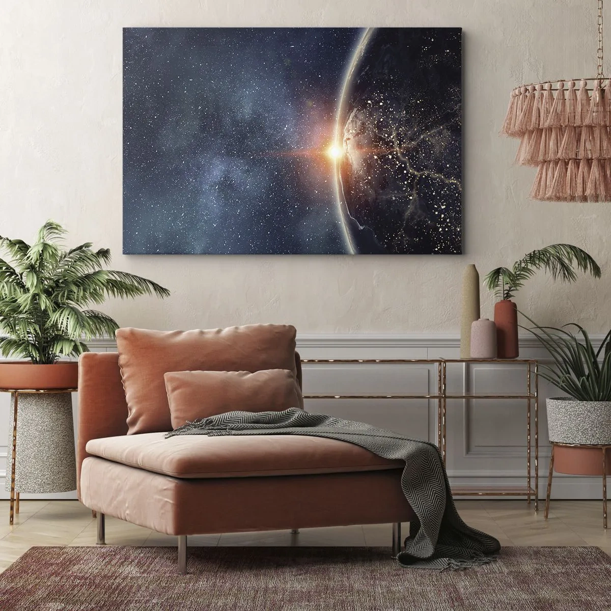 Bild auf Leinwand - Leinwandbild - Die Erde vom Weltraum aus gesehen mit der aufgehenden Sonne - 70x50cm - In einer neuen Perspektive - Moderne Wanddekoration für Wohnzimmer und Schlafzimmer ARTTOR