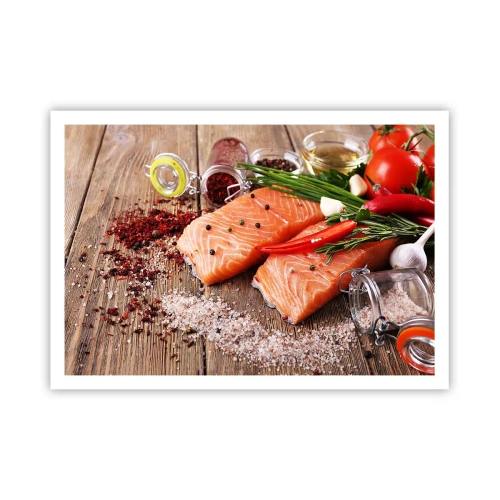 Poster - Lachsfilets mit Gewürzen auf Holzhintergrund - 100x70cm - Norwegisches Abenteuer in der Küche - Moderne Wanddekoration für Wohnzimmer und Schlafzimmer ARTTOR