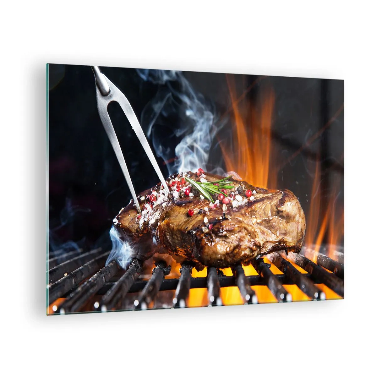 Glasbild - Bild auf glas - Gegrilltes Steak mit Gewürzen auf dem Grill - 70x50cm - Saftig und duftend - Moderne Wanddekoration für Wohnzimmer und Schlafzimmer ARTTOR
