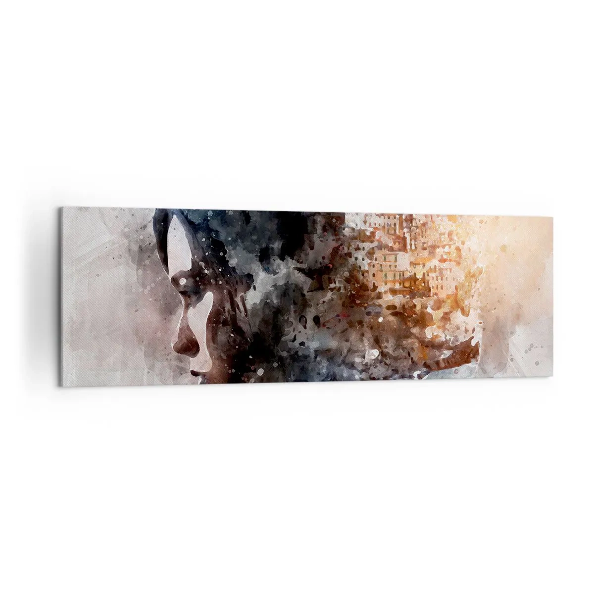 Bild auf Leinwand - Leinwandbild - Porträt einer Frau, die ihr Gesicht mit einer Stadtlandschaft im Hintergrund kombiniert - 160x50cm - Eine Geschichte über ein Mädchen mit einer Stadt im Hintergrund - Moderne Wanddekoration für Wohnzimmer und Schlafzimme