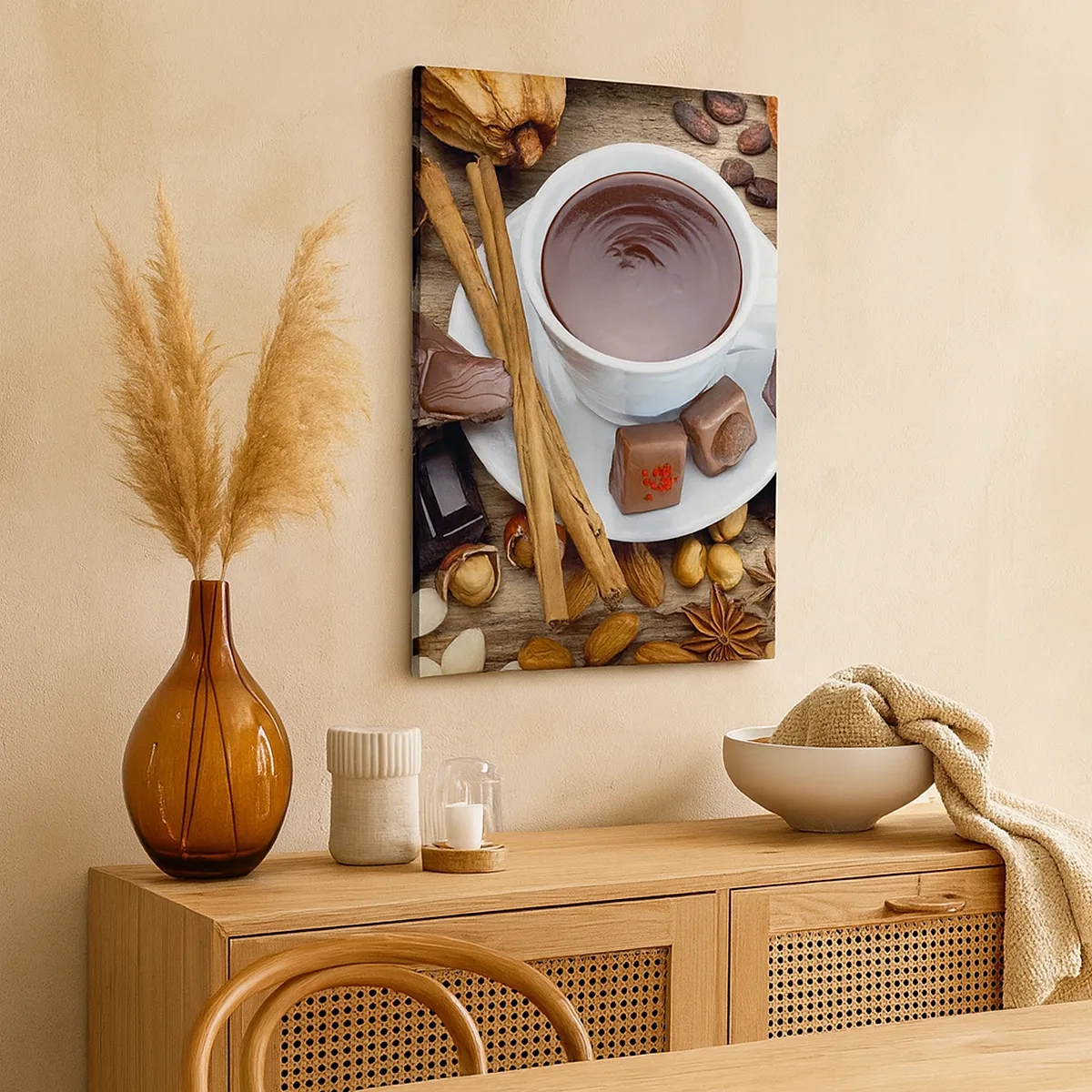 Bild auf Leinwand - Leinwandbild - Eine Tasse heiße Schokolade, umgeben von Dessertzutaten - 50x70cm - Aus einer märchenhaften Schokoladenfabrik - Moderne Wanddekoration für Wohnzimmer und Schlafzimmer ARTTOR