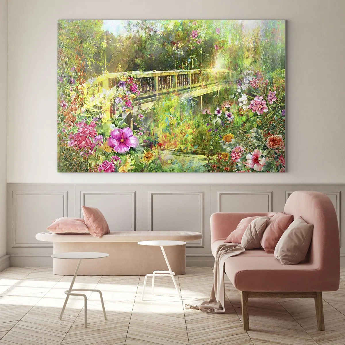 Glasbild - Bild auf glas - Eine Brücke umgeben von üppiger Vegetation und bunten Blumen - 120x80cm - Eine Brücke aus Frühlingsseufzern - Moderne Wanddekoration für Wohnzimmer und Schlafzimmer ARTTOR