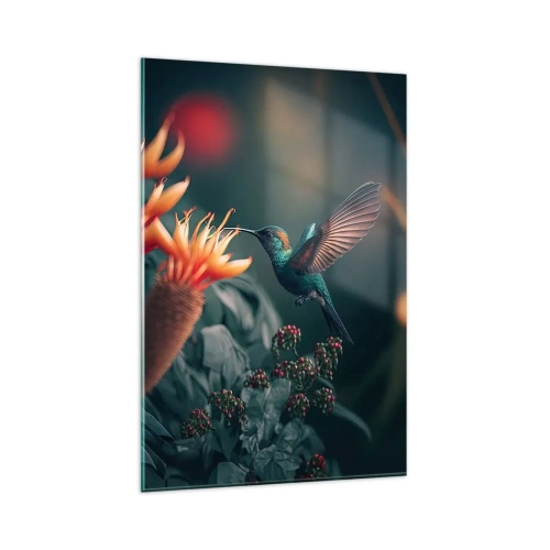 Glasbild - Bild auf glas - Ein bunter Kolibri neben Blumen vor einem natürlichen Hintergrund - 80x120cm - Wirklich buntes Leben - Moderne Wanddekoration für Wohnzimmer und Schlafzimmer ARTTOR