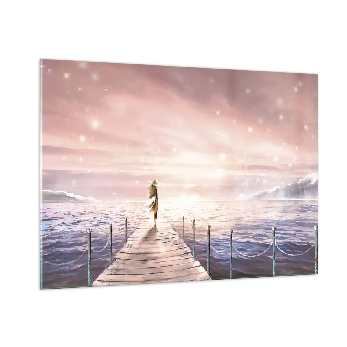 Glasbild - Bild auf glas - Frau auf dem Pier bei Sonnenuntergang - 100x70cm - Im Licht eines Traums - Moderne Wanddekoration für Wohnzimmer und Schlafzimmer ARTTOR