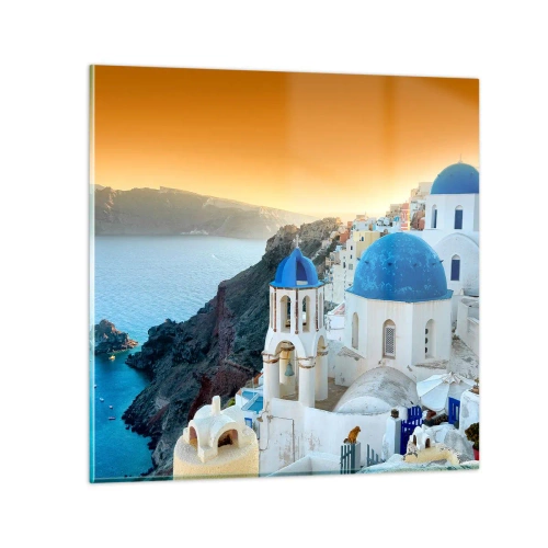 Glasbild - Bild auf glas - Santorini - an die Felsen gekuschelt - 60x60 cm