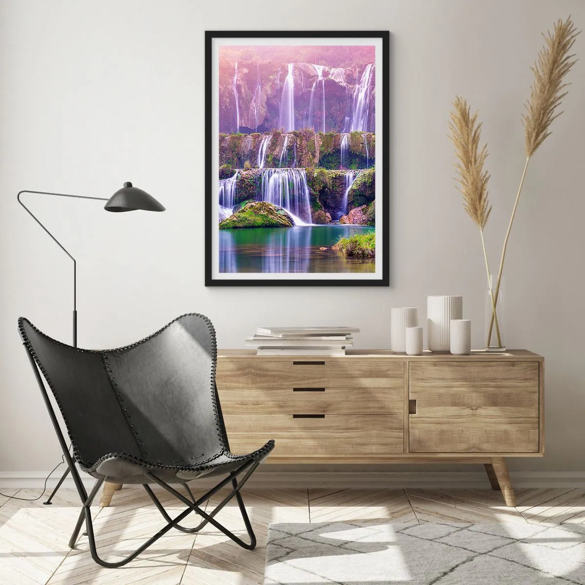 Poster in einem schwarzem Rahmen - Ein Wasserfall, umgeben von Grün - 50x70cm - Treppe zum Himmel - Moderne Wanddekoration für Wohnzimmer und Schlafzimmer ARTTOR
